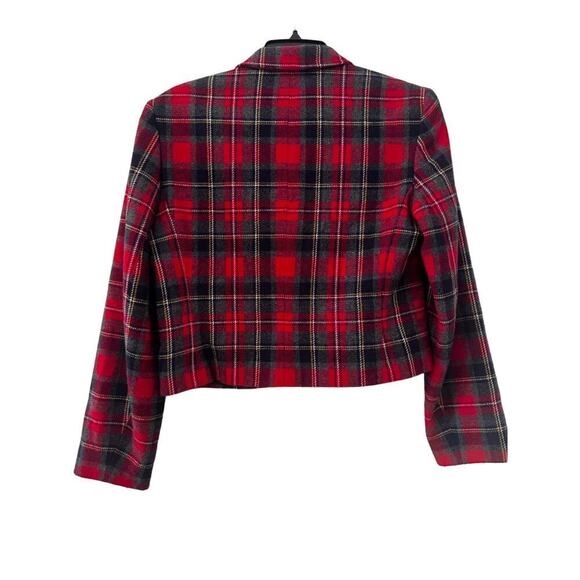 1990s Vintage KGR Red & Black Plaid Wool Blazer Retro Gold Buttons Small Medium - Picture 2 of 6